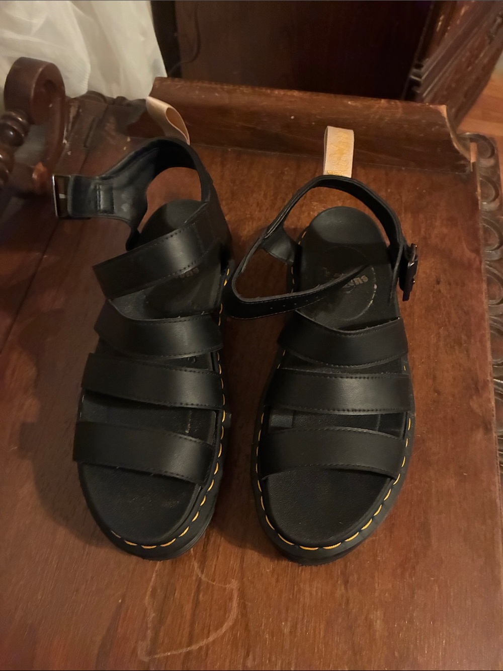 Dr. Martens Black Leather Fisherman Sandals with Yellow Stitching